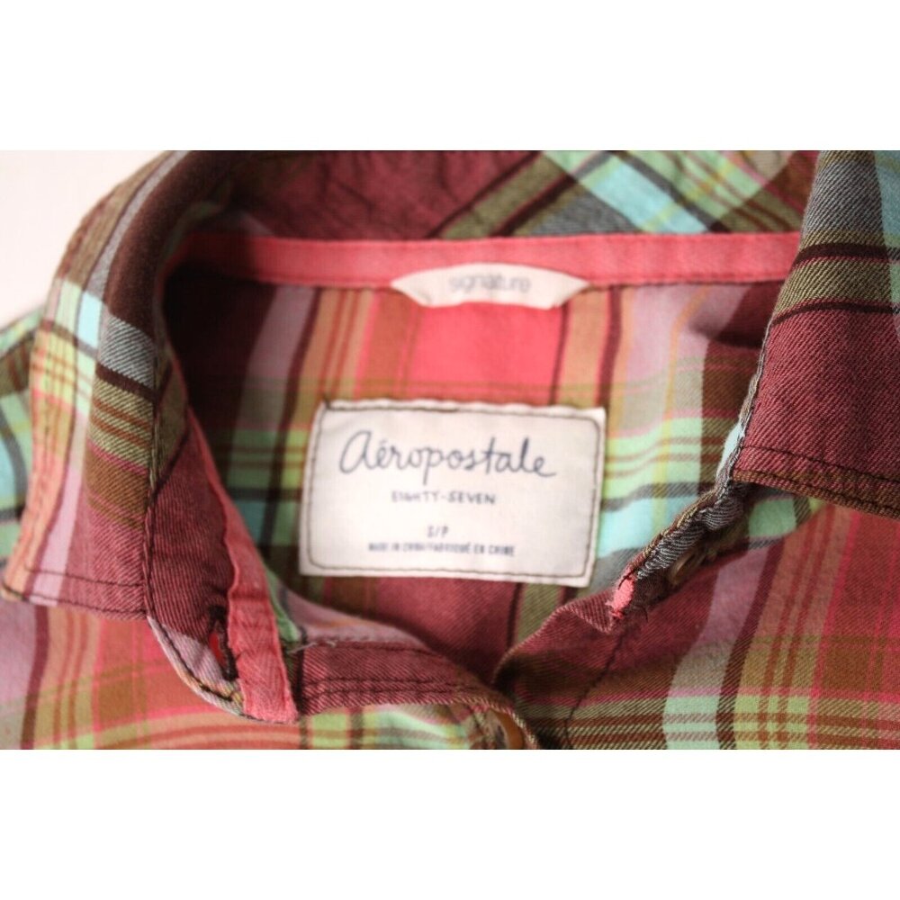 Aeropostale Eighty Seven Plaid Pink Aqua Shirt Long Sleeves Womens Petite sz S/P - Picture 6 of 6